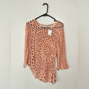 NWT Tempo Paris Y2K Open Knit Asymmetric Fairy Sweater Size S Peach Crochet